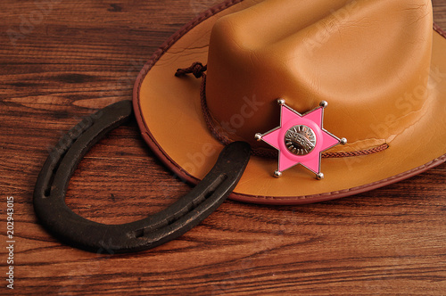 A sheriff badge with a brown cowboy hat and a horse shoe photo