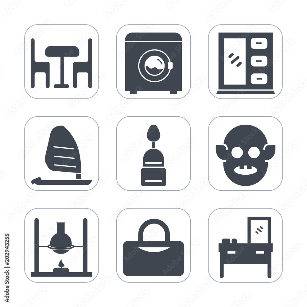 Premium fill icons set on white background . Such as ocean, chair, laundry, wood, machine, housework, science, water, chemistry, equipment, dessert, sport, wash, ufo, clothes, food, surf, table, speed