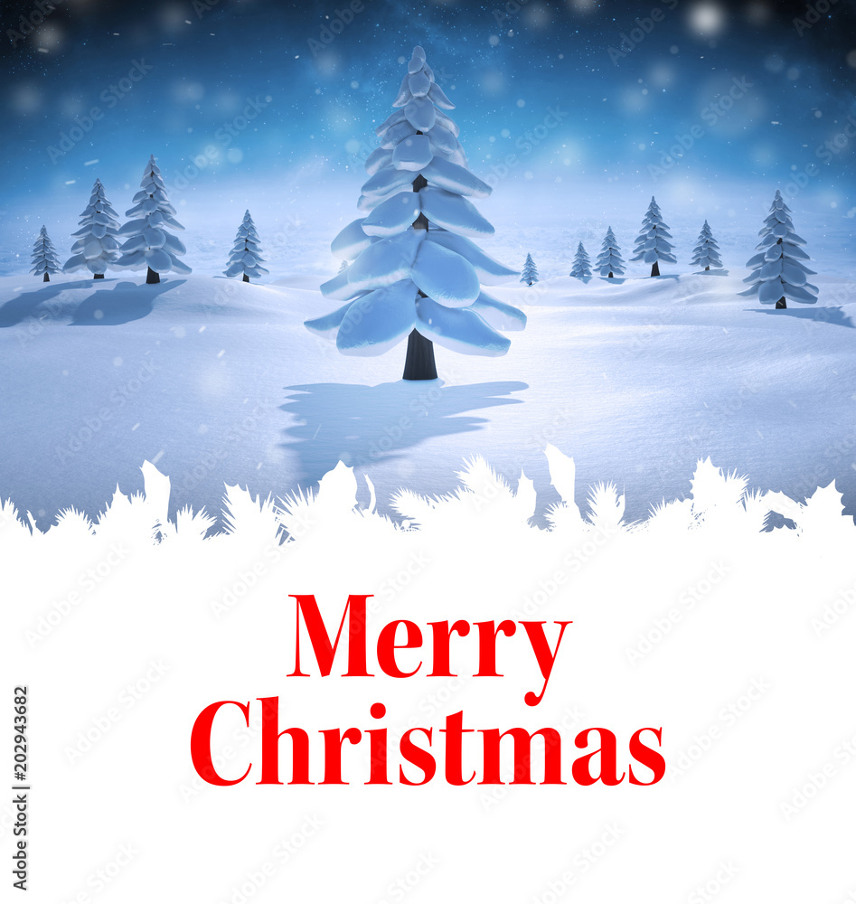 Fototapeta premium Merry christmas against snowy landscape with fir trees