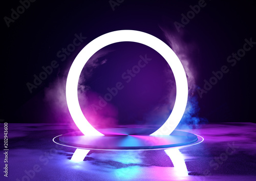 A large glowing neon loop sircle, futuristc background with platform. 3D illustration.