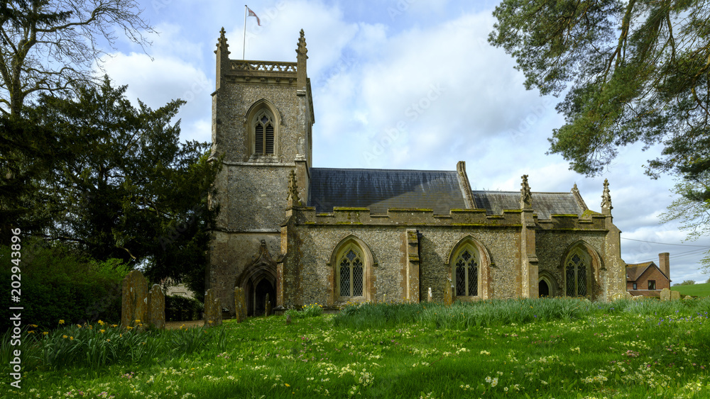Spring afternoon sunshine on St James' Church, East Tisted in the South Downs National Park, Hampshire, UK