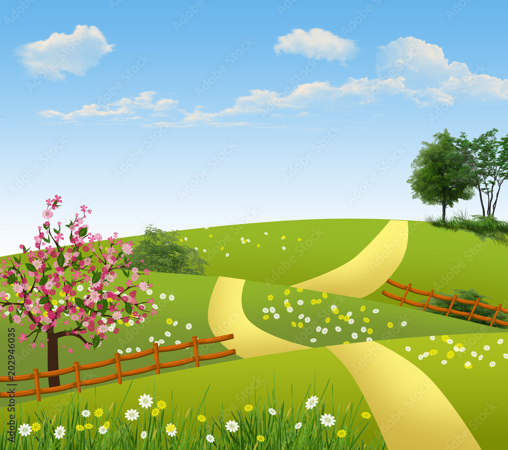 Summer illustration of a field and a fence 