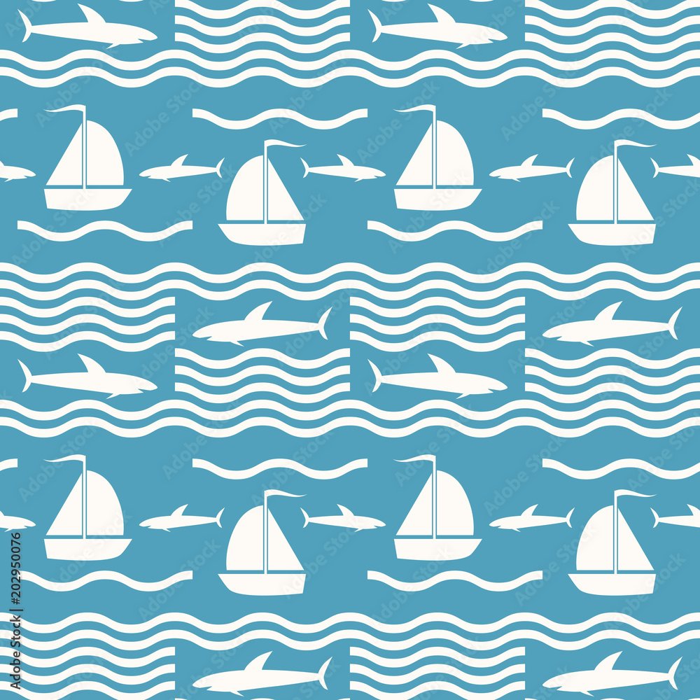 Seamless blue and white sea pattern with sharks and sailing ships Stock ...