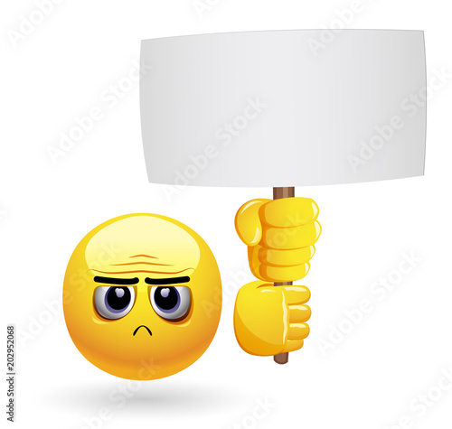 Smiley holding advertise. Smiley emoticon protesting and holding placard. Smiley at the meeting.