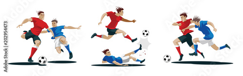 Players are fighting for the ball. Set of Soccer players.