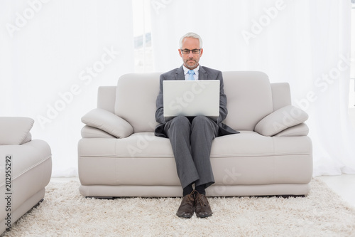 Concentrated businessman using laptop on sofa in living room