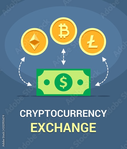 Three cryptocurrencies Bitcoin, Litecoin and Ethereum exchange operation. Vector flat crypto modern illustration