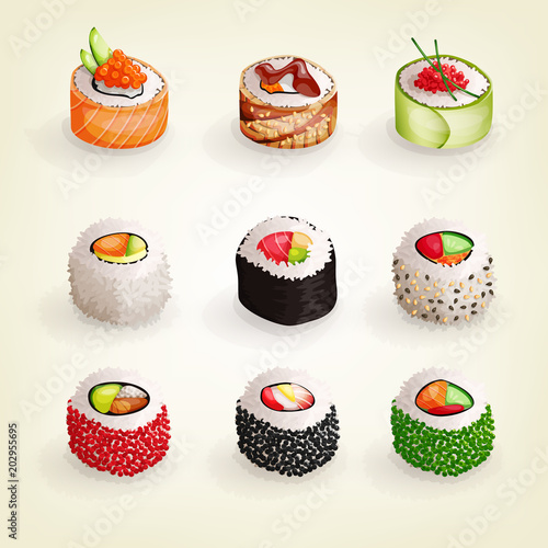 Japanese cuisine collection. Set of various fresh and delicious sushi rolls. Vector illustration of healthy food for takeout, bar or restaurant menu.