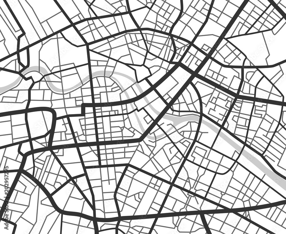 Abstract city navigation map with lines and streets. Vector black and white urban planning scheme