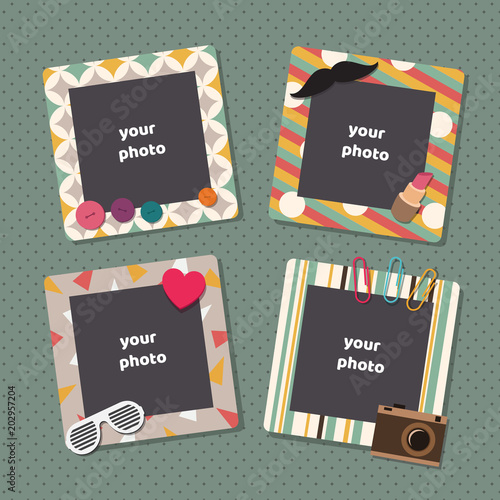Vintage scrapbook picture frames. Retro kids birthday photo frame vector templates