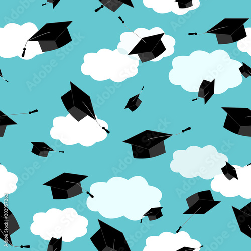 Graduates hats in the clouds sky. Seamless pattern