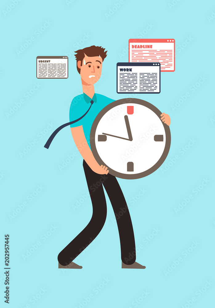 Stressed worker holding clock with running out time. Deadline vector concept