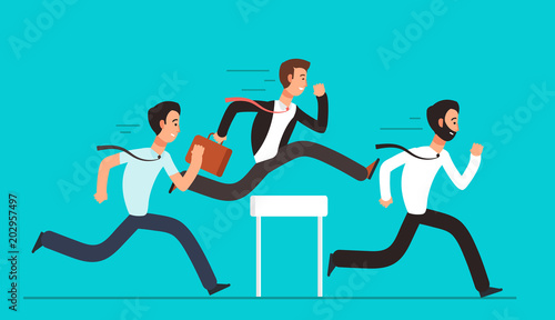 Business people overcome hurdles. Steeplechase competition, leadership overcoming vector concept