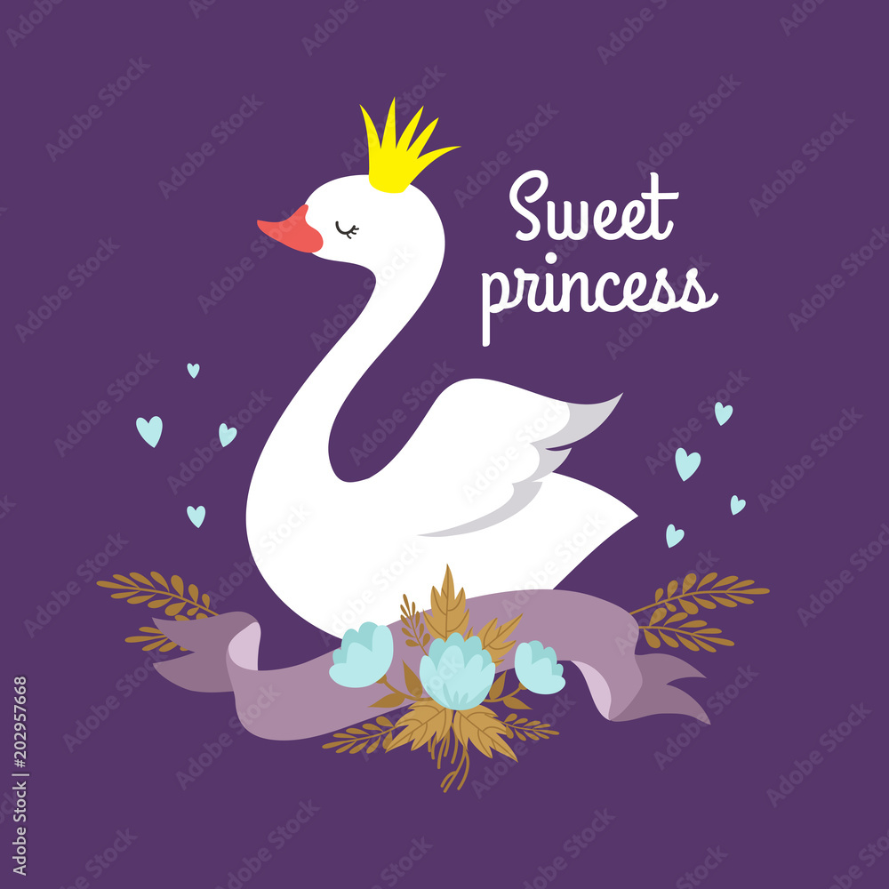 Cute cartoon white baby swan princess vector graphics for poster or girl t-shirt Cute cartoon white baby swan princess vector graphics for poster or girl t-shirt
