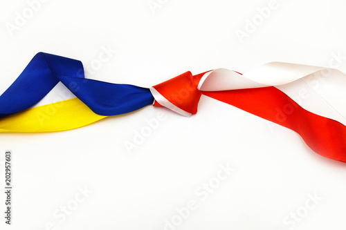 red blue white yellow black conflict between Ukraine Poland two flag top view hand right sector confrontation