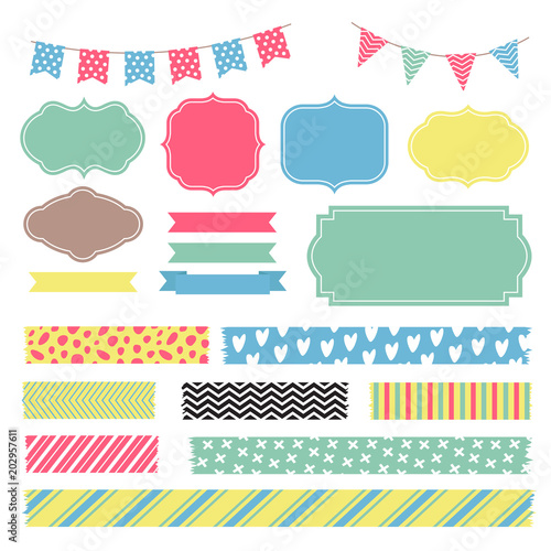 Scrapbook decoration graphic vector elements. Cute frames and banners