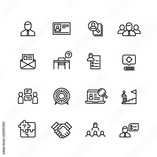 Head hunting, professional people management line icons. Search for employees, job and career outline vector symbols