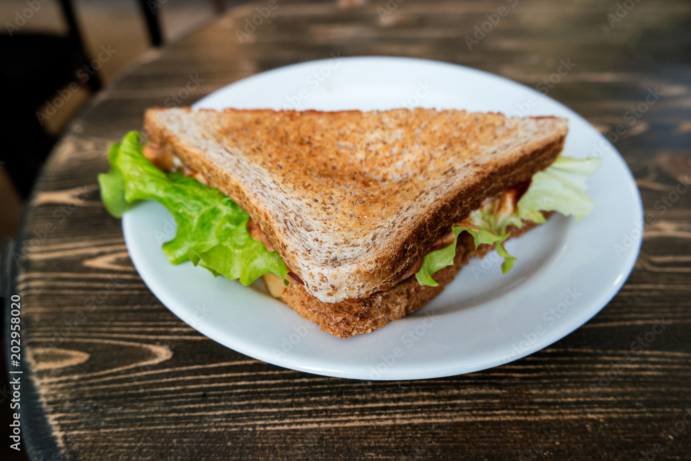 Angle view of triangle clubhouse sandwich on plate Angle view of triangle clubhouse sandwich on plate