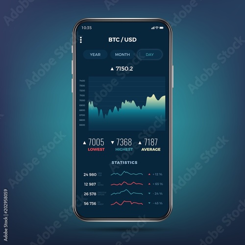 Trade exchange app on phone screen. Mobile banking cryptocurrency ui. Online stock trading interface vector eps 10