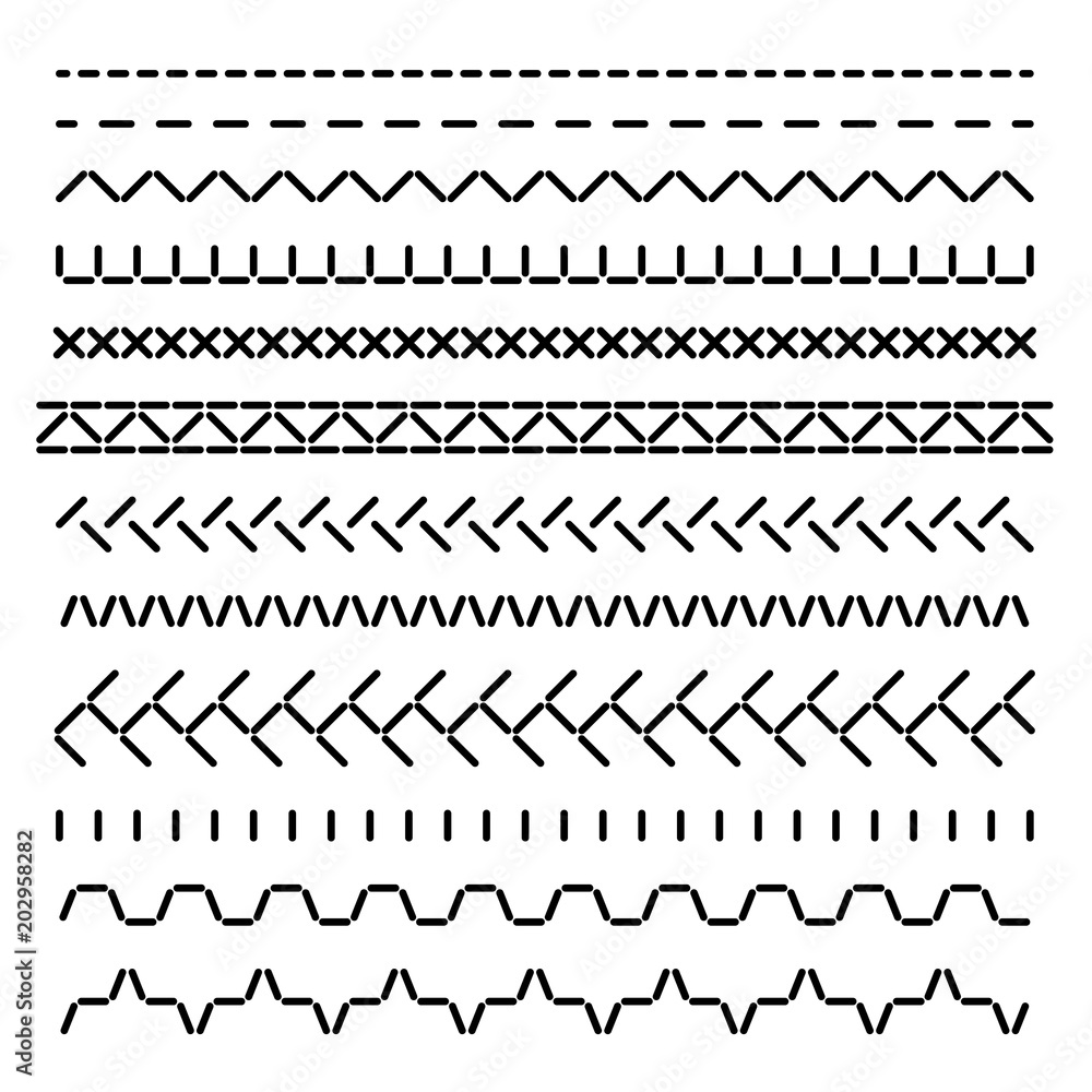 Stitched seamless borders, sewing machine seams for fabric structure vector set isolated Stitched seamless borders, sewing machine seams for fabric structure vector set isolated