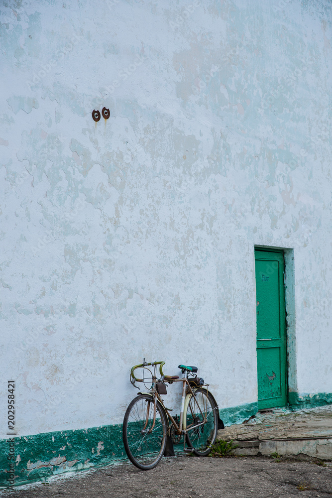 An old bicycle leaning against a dilapidated blue wall and a door with green peeling paint. Vertically.