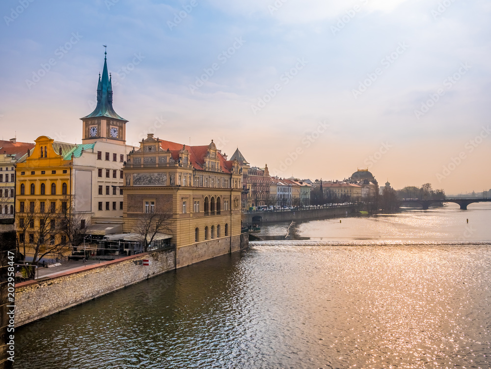 landscape view from charles bridge, Prague Czech Republic.Blue and orange sky color.