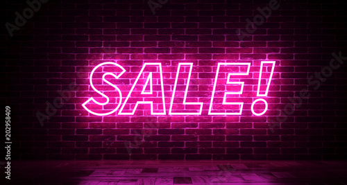 Realistic Brick Wall With Neon Sale Sign. 3d rendering