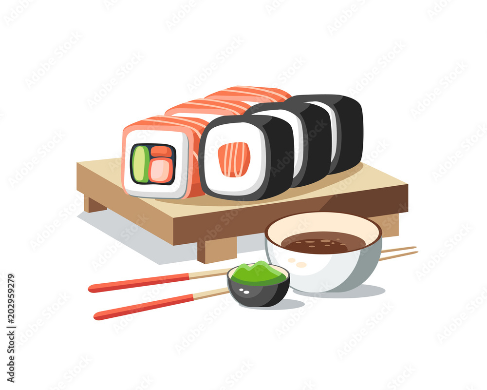 Φωτογραφία Sushi rolls set lying on the plank tasty delicious with wasabi and soy sauce