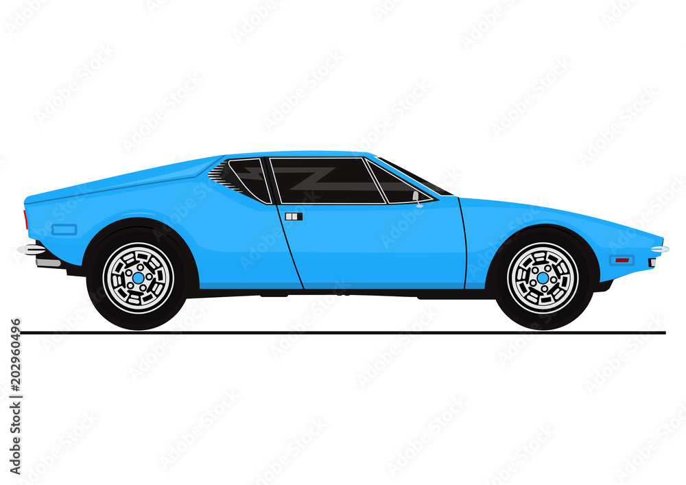 Vector sticker of vintage sports car. Side view. Flat vector.