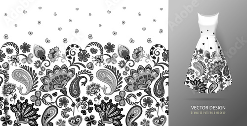 Hand drawn flower seamless pattern. Colorful seamless pattern with floral pattern in eastern style. Vector pattern for textile. Black and white