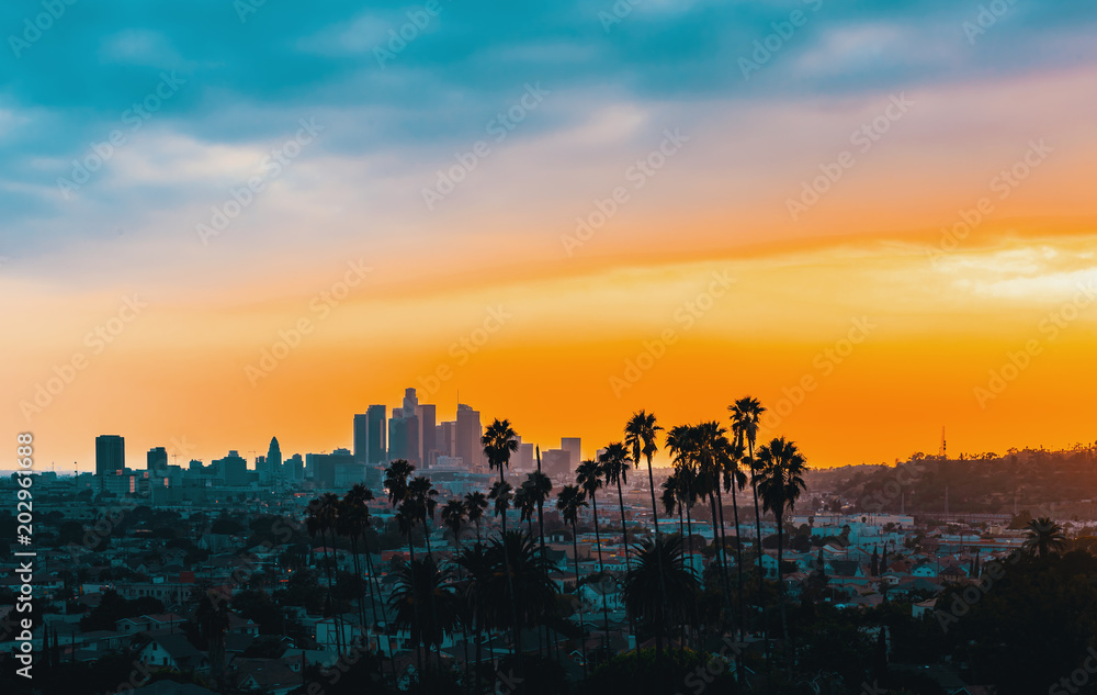 Downtown Los Angeles skyline at sunset with palm trees in the foreground