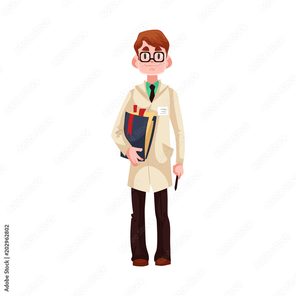 Carton engineer scientist standing in uniform holding documents, blueprints smiling. Smiling man, professional character, assembly, manufacturing industry worker. Vector illustration Carton engineer scientist standing in uniform holding documents, blueprints smiling. Smiling man, professional character, assembly, manufacturing industry worker. Vector illustration