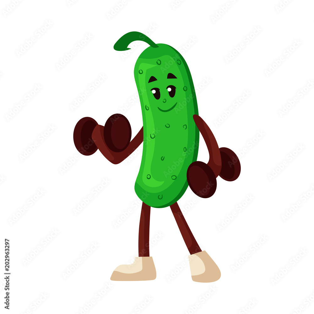 Cheerful green cucumber character working out biceps muscle, dumbbell