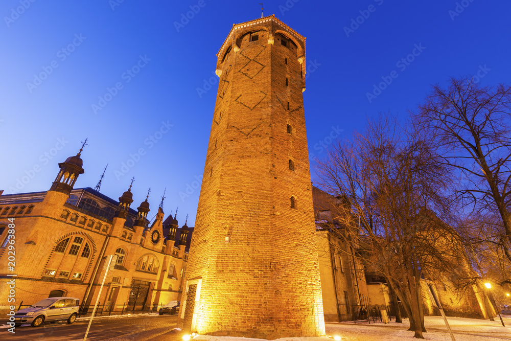 St Hyacinth Tower in Gdansk at night