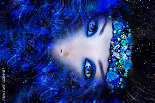 Woman's face in space clouds, other mind
