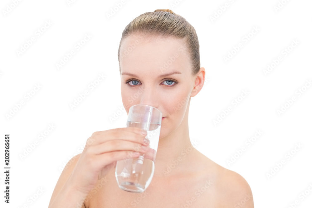 Calm pretty blonde model drinking water Calm pretty blonde model drinking water