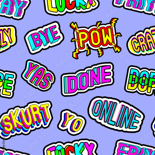 Seamless pattern with patches with words "Friyay (friday+yay)", "Lucky", "Dope", "Yo", "Crazy", "Skurt", "Online", "Bye", etc. Cartoon comic style of 80s - 90s. Blue background.