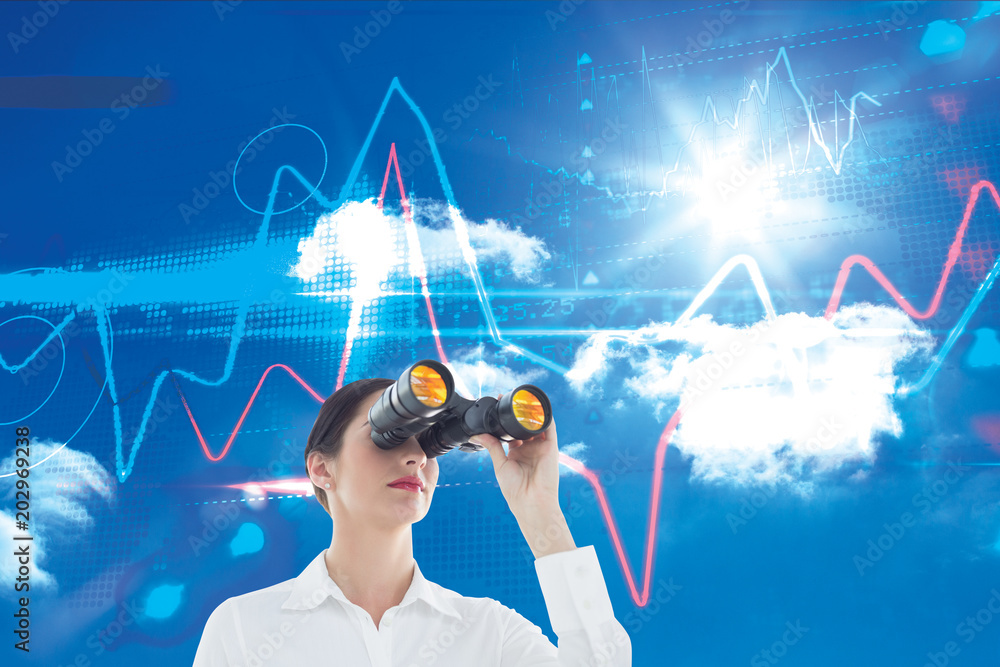 Ταπετσαρία Business woman  looking through binoculars against bright blue sky with clouds