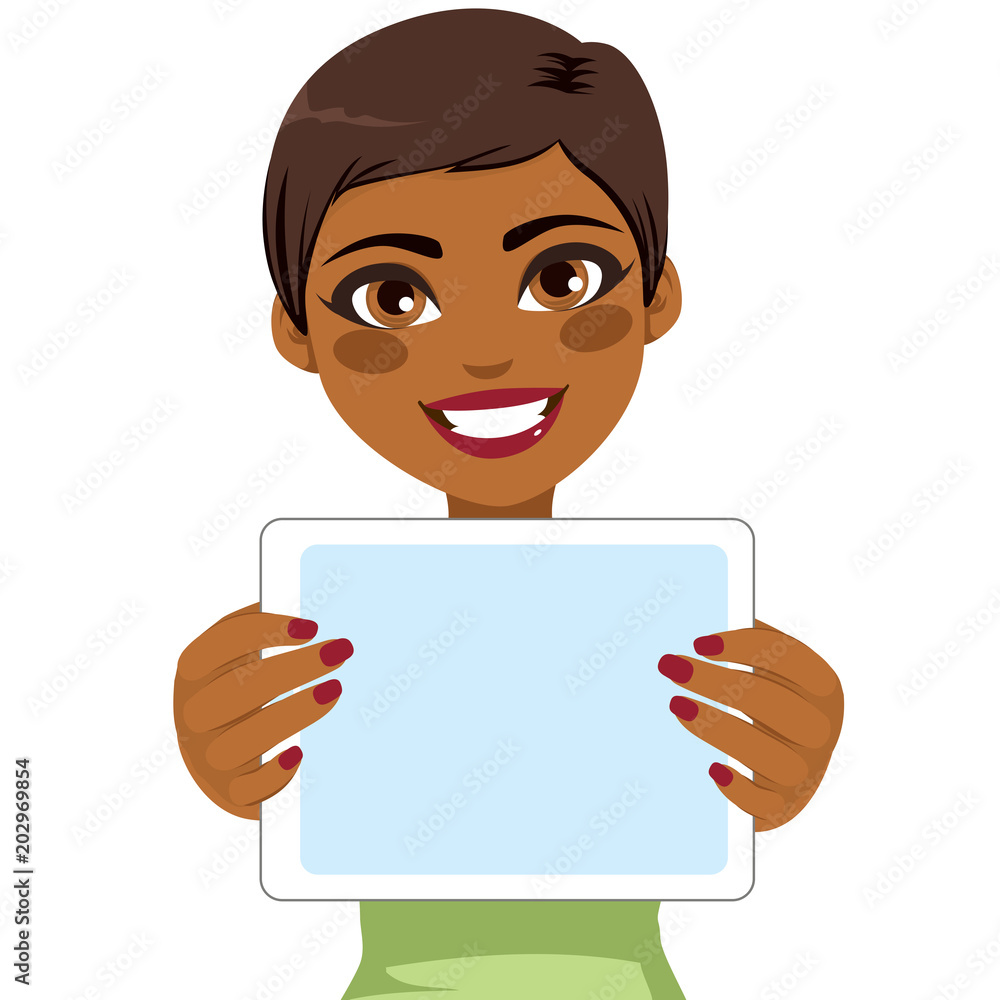 Young beautiful African American woman holding tablet