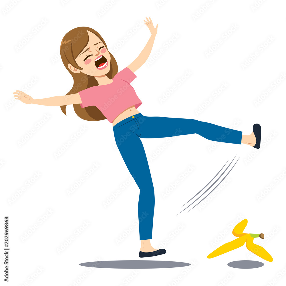 Woman falling down on the floor slipping on banana peel Stock