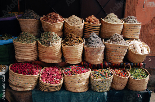 Street moroccan stall with dried herbs