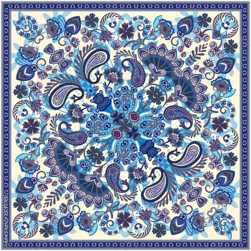 Vector ornament paisley bandana print, silk neck scarf or kerchief square pattern design style for print on fabric. Bandana paisley style