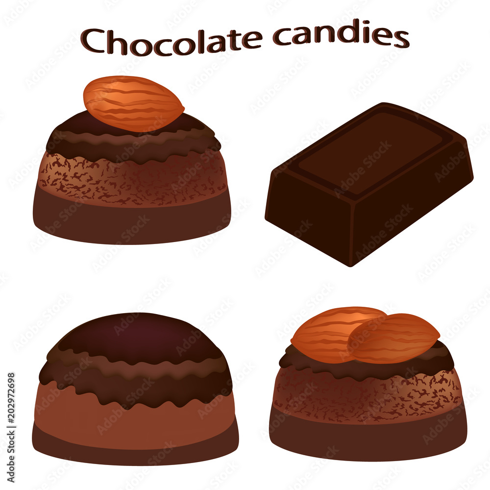 Chocolate bar and chocolate candies isolated on white background. Vector illustration. Chocolate bar and chocolate candies isolated on white background. Vector illustration.