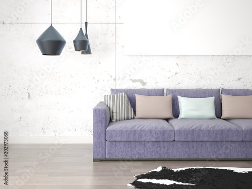 Mock up a bright living room with a gray sofa and a fashionable background.
