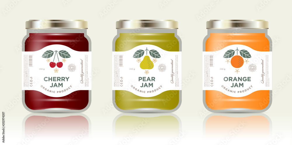 Three labels fruit jam. Cherry, pear, orange jam labels and ...