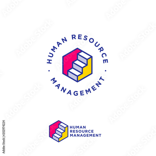 Career services logo. Human resources management. Stairs up on hexagon, success and growth in business.
