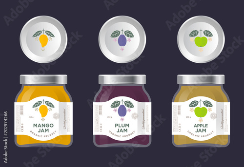 Three labels fruit jam. Mango, apple, plum jam labels and packages. Three packaging. Premium design. The flat original illustrations and texts on the minimalist labels on the jars with caps.