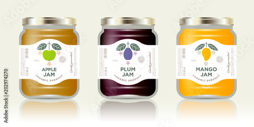 Three labels fruit jam. Mango, apple, plum jam labels and packages. Three packaging. Premium design. The flat original illustrations and texts on the minimalist labels on the jars with caps.