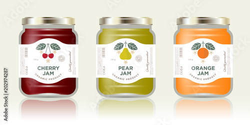 Three labels fruit jam. Cherry, pear, orange jam labels and packages. Three packaging. Premium design. The flat original illustrations and texts on the minimalist labels on the jars with caps.