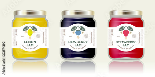 Three labels fruit jam. Lemon, dewberry, strawberry jam labels and packages. Premium design. The flat original illustrations and texts on the minimalist labels on the jar with caps. photo